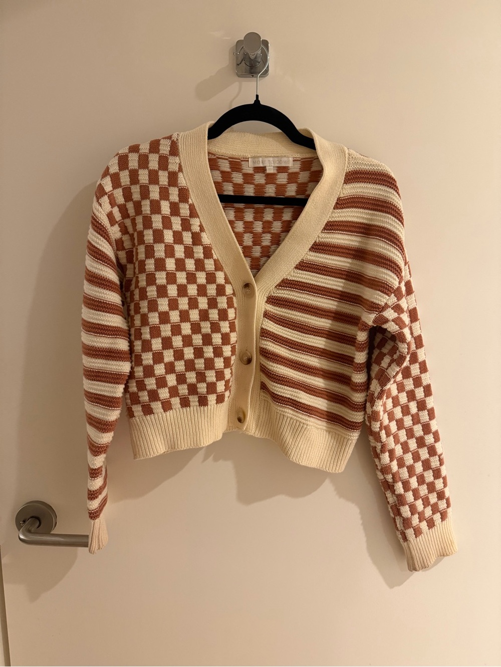Ivory & Tan Checkered-Stripe V-Neck Button Cardigan